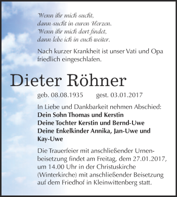Traueranzeige von Dieter Röhner von WVG - Wochenspiegel Wittenberg