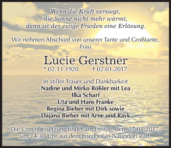 Traueranzeige von Lucie Gerstner von Mitteldeutsche Zeitung Weißenfels