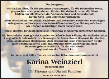 Traueranzeige von Karina Weinzierl von WVG - Wochenspiegel Quedlinburg