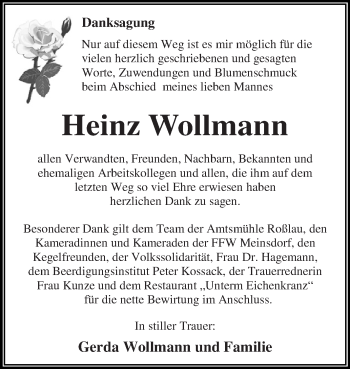 Traueranzeige von Heinz Wollmann von LDES,LKTN