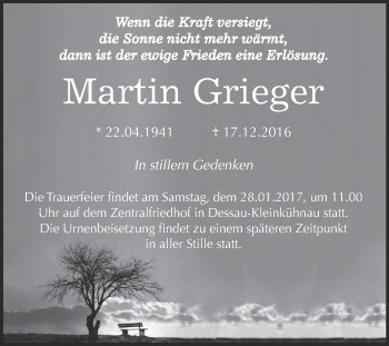 Traueranzeige von Martin Griege von WVG - Wochenspiegel Dessau / Köthen