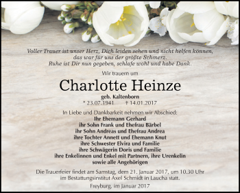 Traueranzeige von Charlotte Heinze von WVG - Wochenspiegel NMB / WSF / ZTZ