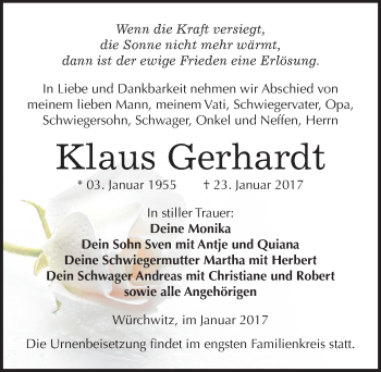 Traueranzeige von Klaus Gerhardt von Mitteldeutsche Zeitung Zeitz