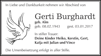 Traueranzeige von Gerti Burghardt von WVG - Wochenspiegel Bitterfeld