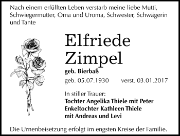 Traueranzeige von Elfriede Zimpel von Mitteldeutsche Zeitung Halle/Saalkreis