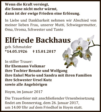 Traueranzeige von Elfriede Backhaus von Super Sonntag Aschersleben