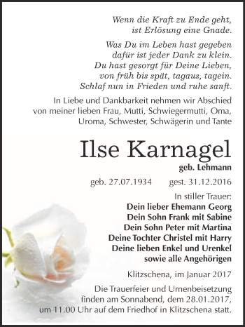 Traueranzeige von Ilse Karnagel von WVG - Wochenspiegel Wittenberg