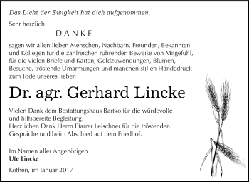 Traueranzeige von Gerhard Lincke von WVG - Wochenspiegel Dessau / Köthen