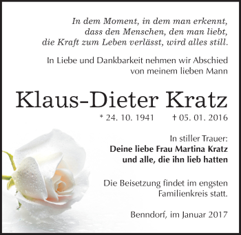 Traueranzeige von Klaus Dieter Kratz von Mitteldeutsche Zeitung Mansfelder Land