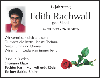 Traueranzeige von Edith Rachwall von Super Sonntag Bernburg