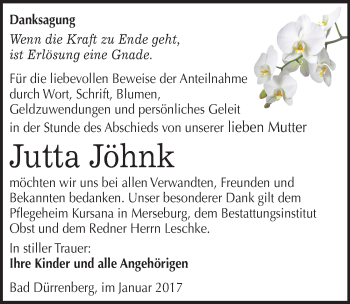 Traueranzeige von Jutta Jöhnk von Mitteldeutsche Zeitung Merseburg/Querfurt