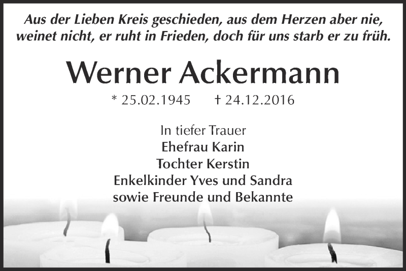  Traueranzeige für Werner Ackermann vom 07.01.2017 aus WVG - Wochenspiegel Dessau / Köthen