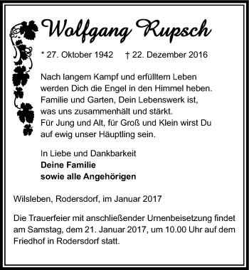 Traueranzeige von Wolfgang Rupsch von Mitteldeutsche Zeitung Quedlinburg