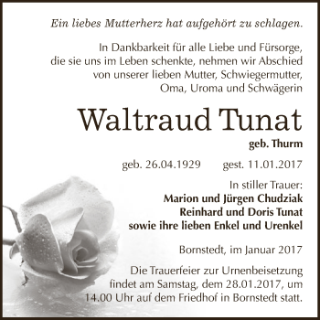 Traueranzeige von Waltraud Tunat von Wochenspiegel Mansfelder Land