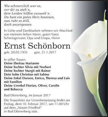 Traueranzeige von Ernst Schönborn von Mitteldeutsche Zeitung Merseburg/Querfurt