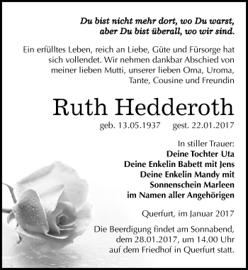 Traueranzeige von Ruth Hedderoth von Mitteldeutsche Zeitung Merseburg/Querfurt