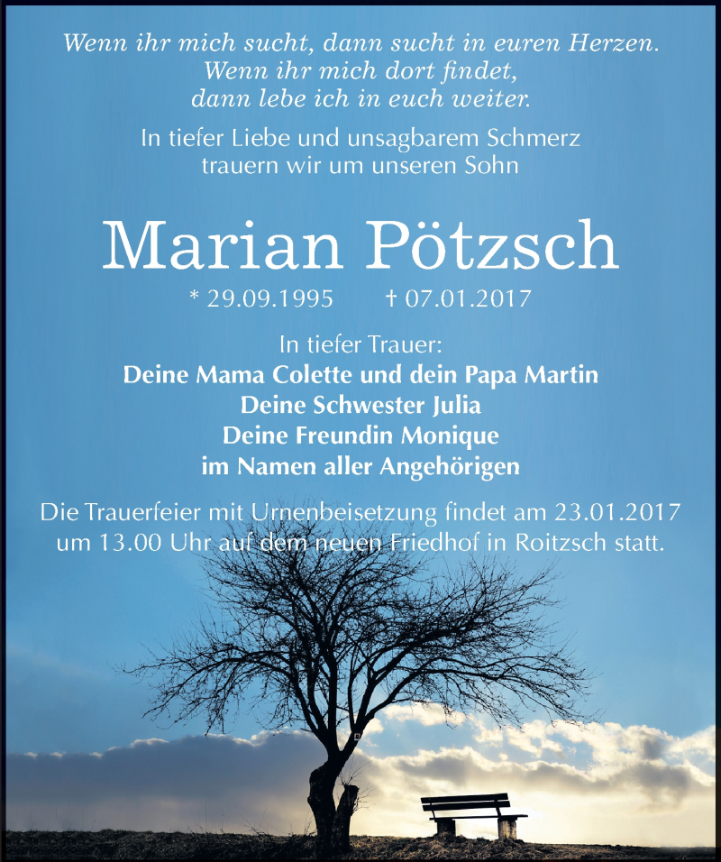  Traueranzeige für Marian Pötzsch vom 14.01.2017 aus Mitteldeutsche Zeitung Bitterfeld