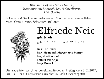Traueranzeige von Elfriede Neie von Mitteldeutsche Zeitung Merseburg/Querfurt