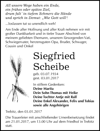 Traueranzeige von Siegfried Scheibe von Mitteldeutsche Zeitung Wittenberg