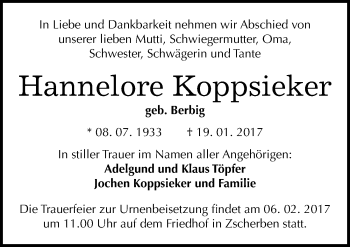 Traueranzeige von Hannelore Koppsieker von Mitteldeutsche Zeitung Halle/Saalkreis