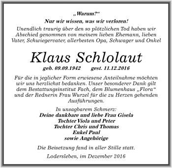 Traueranzeige von Klaus Schlolaut von Mitteldeutsche Zeitung Merseburg/Querfurt