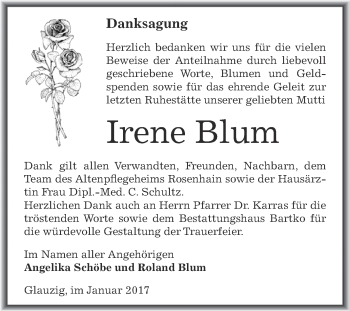 Traueranzeige von Irene Blum von WVG - Wochenspiegel Dessau / Köthen