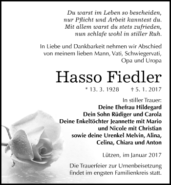 Traueranzeige von Hasso Fiedler von Mitteldeutsche Zeitung Weißenfels