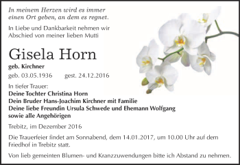 Traueranzeige von Gisela Horn von WVG - Wochenspiegel Wittenberg