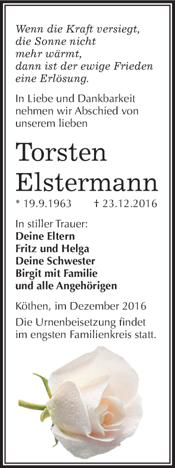 Traueranzeige von Torsten Elstermann von Mitteldeutsche Zeitung Köthen