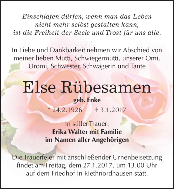 Traueranzeige von Else Rübesamen von Mitteldeutsche Zeitung Sangerhausen