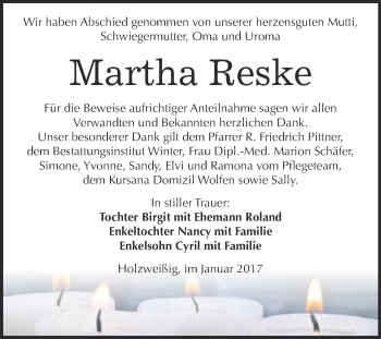 Traueranzeige von Martha Reske von WVG - Wochenspiegel Bitterfeld