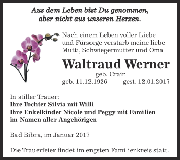 Traueranzeige von Waltraud Werner von WVG - Wochenspiegel NMB / WSF / ZTZ