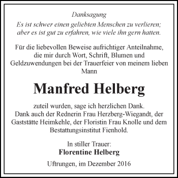 Traueranzeige von Manfred Helberg von Super Sonntag SGH Mansf. Land