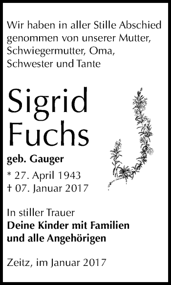 Traueranzeige von Sigrid Fuchs von Mitteldeutsche Zeitung Zeitz