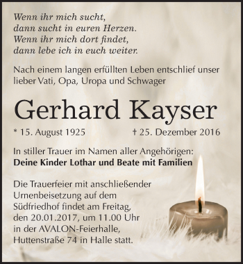 Traueranzeige von Gerhard Kayser von Mitteldeutsche Zeitung Halle/Saalkreis