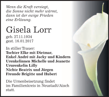 Traueranzeige von Gisela Lorr von WVG - Wochenspiegel Merseburg