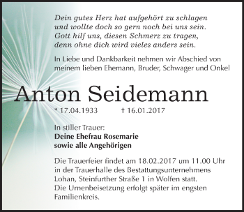 Traueranzeige von Anton Seidemann von Mitteldeutsche Zeitung