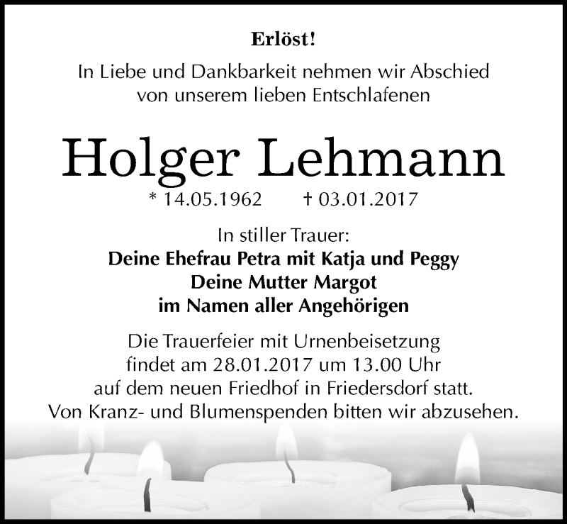  Traueranzeige für Holger Lehmann vom 12.01.2017 aus Mitteldeutsche Zeitung Bitterfeld