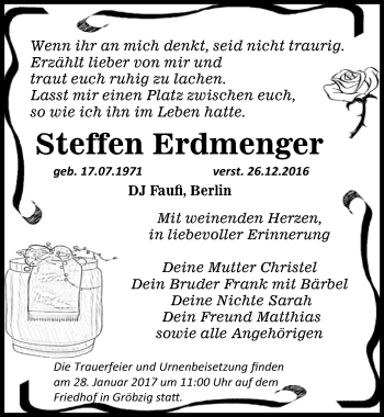 Traueranzeige von Steffen Erdmenger von Mitteldeutsche Zeitung Köthen