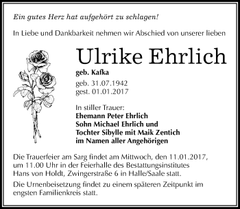 Traueranzeige von Ulrike Ehrlich von Mitteldeutsche Zeitung Halle/Saalkreis