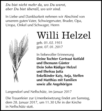 Traueranzeige von Willi Helzel von Mitteldeutsche Zeitung Weißenfels