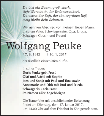 Traueranzeige von Wolfgang Peuke von WVG - Wochenspiegel Quedlinburg