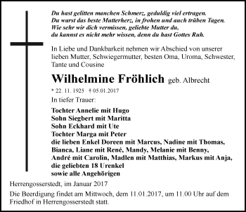 Traueranzeige von Wilhelmine Fröhlich von Mitteldeutsche Zeitung Naumburg/Nebra