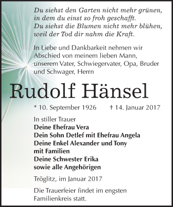 Traueranzeige von Rudolf Hänsel von Mitteldeutsche Zeitung Zeitz