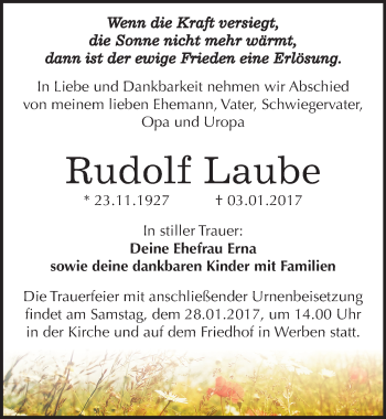 Traueranzeige von Rudolf Laube von Mitteldeutsche Zeitung Bitterfeld