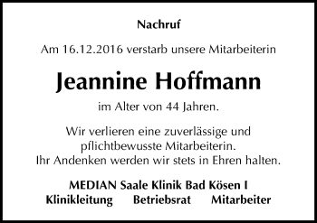 Traueranzeige von Jeannine Hoffmann von Mitteldeutsche Zeitung Naumburg/Nebra