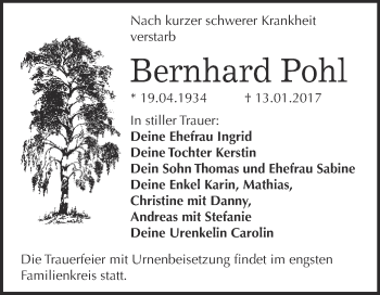 Traueranzeige von Bernhard Pohl von WVG - Wochenspiegel Bitterfeld