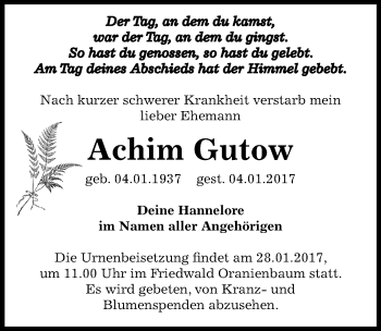 Traueranzeige von Achim Gutow von Mitteldeutsche Zeitung Wittenberg