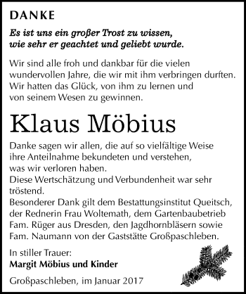 Traueranzeige von Klaus Möbius von Mitteldeutsche Zeitung Köthen