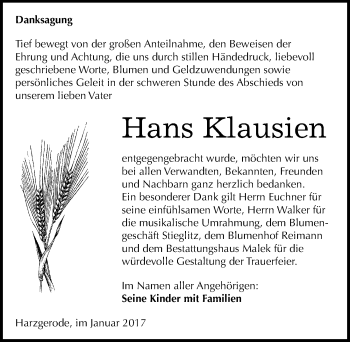 Traueranzeige von Hans Klausien von Mitteldeutsche Zeitung Quedlinburg